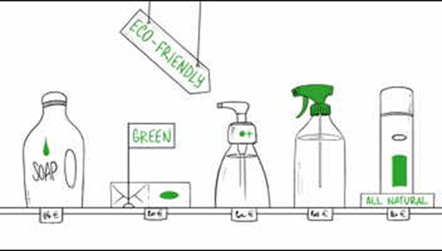 Illustration from the video. A series of products with labels such as 'green', 'eco-friendly', 'all natural'.