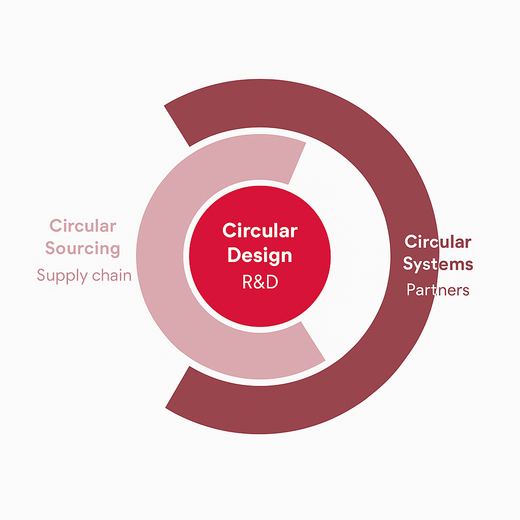 A circular diagram showing three connected elements of a circular economy model: “Circular Sourcing – Supply chain,” “Circular Design – R&D,” and “Circular Systems – Partners.” A red core circle represents design activities, surrounded by two outer arcs illustrating sourcing and systems.
