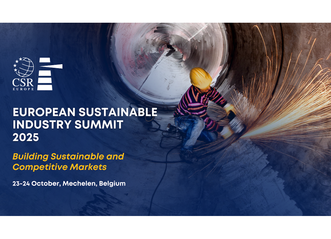 A promotional banner for CSR Europe’s European Sustainable Industry Summit 2025. The image shows a worker inside a large industrial pipe using a power tool that emits bright sparks. On the left, the CSR Europe logo appears above the event title: “European Sustainable Industry Summit 2025.” Below, the tagline reads “Building Sustainable and Competitive Markets,” followed by the date and location: “23–24 October, Mechelen, Belgium.” The background blends deep blue tones with the metallic texture of the pipe.