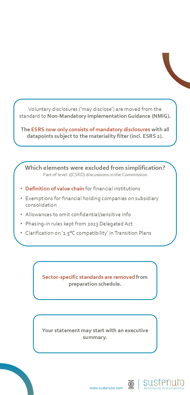 Key changes in ESRS disclosures, exclusions, and removal of sector-specific standards.